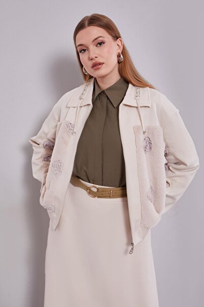 Levidor Cream Collar Stone Detail Rose Skirt Set