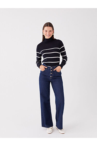 LC Waikiki Navy Blue Turtleneck Striped Long Sleeve Women's Knitwear Sweater