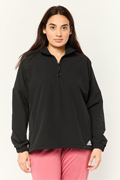 adidas جاكيت رياضي نسائي بأكمام طويلة وسحاب كامل، أسود