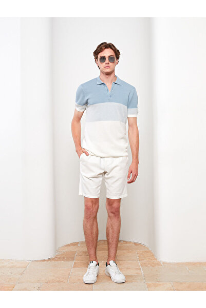 LC Waikiki Blue Polo Neck Short Sleeve Color Block Men's Knitwear Sweater