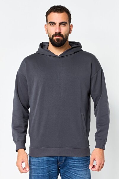 Algspar Men Plain Long Sleeve Hoodie, Dark Grey