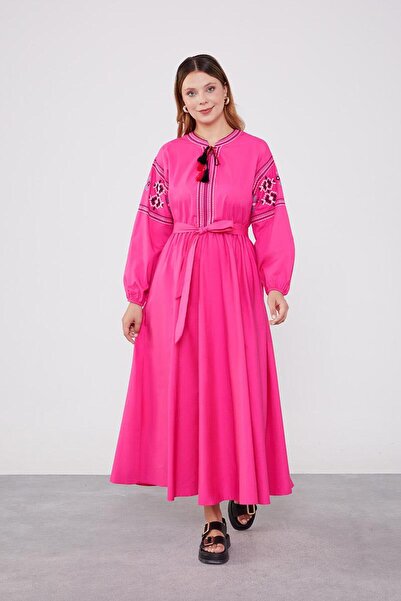 Levidor Fuşya Nakış Etnik Desenli Elbise