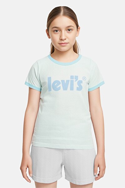 Levi's Kids Girl Round Neck Brand Logo Short Sleeve Top, Ice Blue