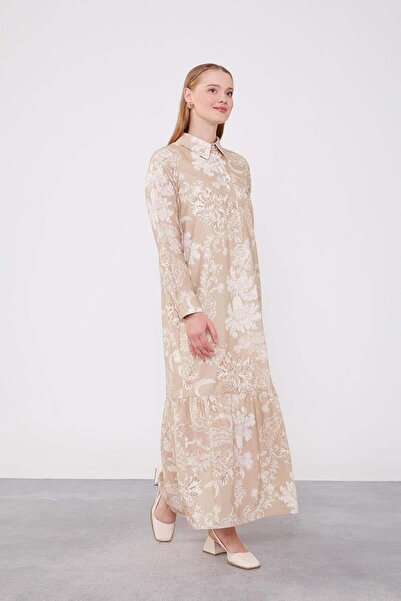 Levidor Beige Flounce Dress - Shirt Collar