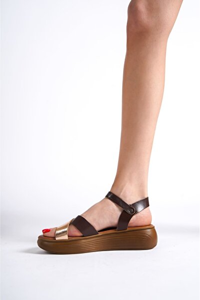 TRENDELLA Orwell Bitter Brown Gold Detailed Genuine Leather Sandals