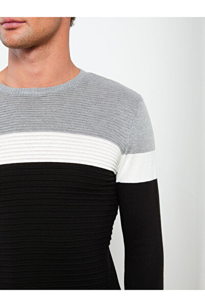 LC Waikiki Black Crew Neck Long Sleeve Color Block Men's Knitwear Sweater