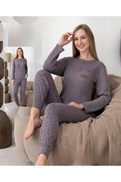 lindros Women's Cotton Button Collar Interlock Winter Pajama Set 0274 - 1 Piece