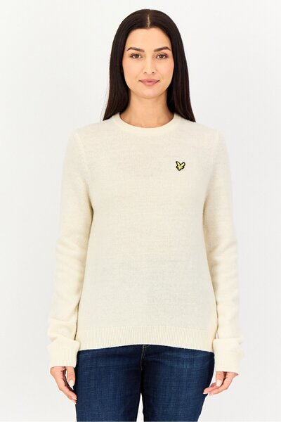 Lyle & Scott Women Crew Neck Embroidered Logo Knitted Sweater, Cream