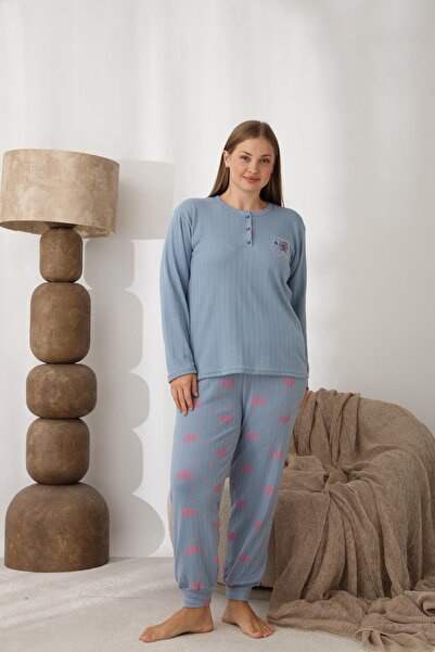 lindros Women's Cotton Button Collar Interlock Winter Oversized Pajama Set 0242 - 1 Piece