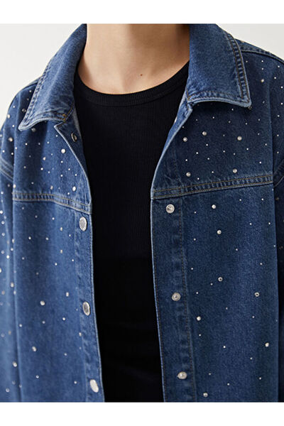 LC Waikiki Jachetă de blugi pentru femei supradimensionat cu guler cămașă cu strasuri strălucitoare