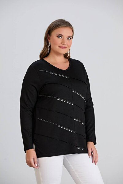 MODA Biye Detaylı Taşlı Esnek Büyük Beden Kadın Tunik Bluz
