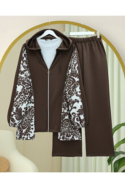 Modamorfo Zippered Hooded Scuba Suit with Patterned Sides - Brown