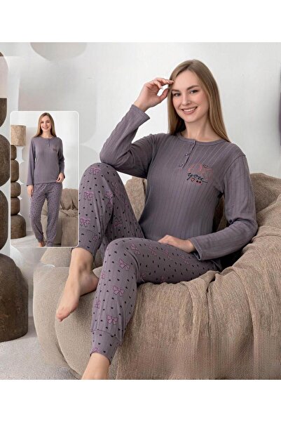 lindros Women's Cotton Button Collar Interlock Winter Pajama Set 0274 - 1 Piece