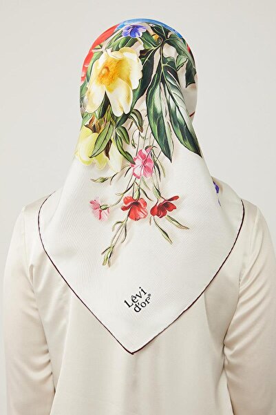 Levidor Μπεζ μαντήλι από καθαρό μετάξι με σχέδιο τριαντάφυλλου