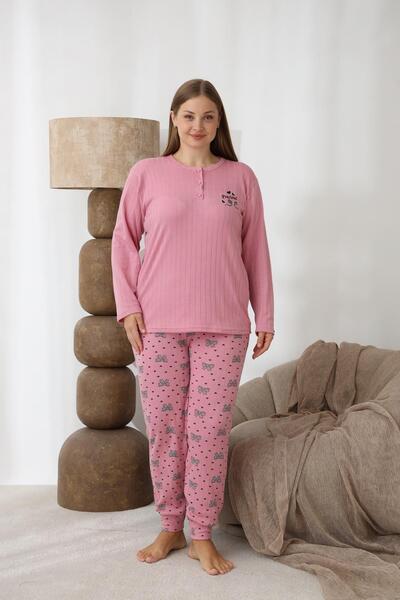 lindros Women's Cotton Button Collar Interlock Winter Oversized Pajama Set 0255 - 1 Piece