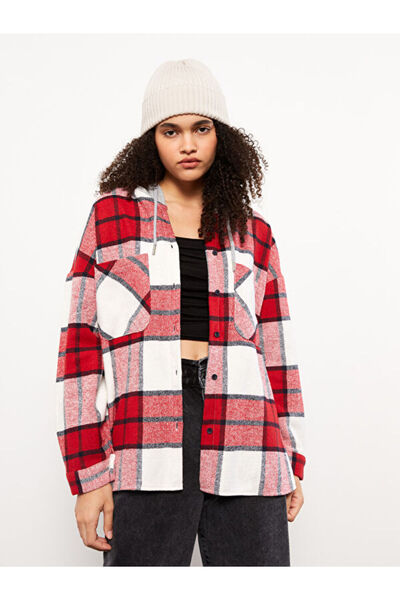 LC Waikiki Hooded Plaid Long Sleeve Flannel Oversize Women's Lumberjack Shirt Jacket