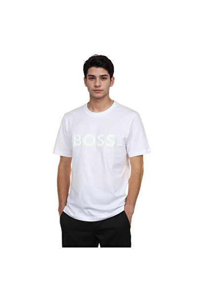 BOSS Erkek %100 Pamuklu Yuvarlak Ribana Yakalı Logo Baskılı Kısa Kollu Beyaz ...