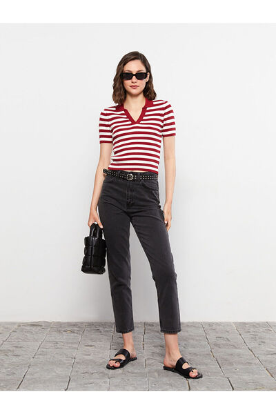 LC Waikiki Polo Neck Striped Short Sleeve Women's Knitwear Sweater