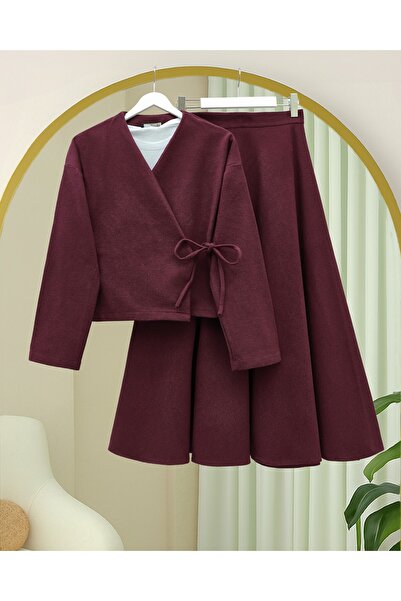 Modamorfo Cashmere Kimono Set with Tie-Front Skirt - Burgundy
