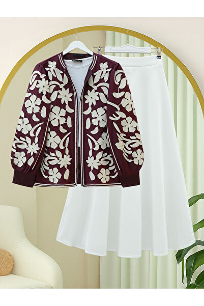 Modamorfo Lined Jacket with Embroidered Sleeves and Front - Plum