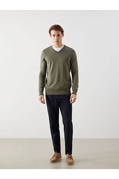 LC Waikiki Lcwaikiki Classic Khaki V Neck Long Sleeve Men's Knitwear Sweater