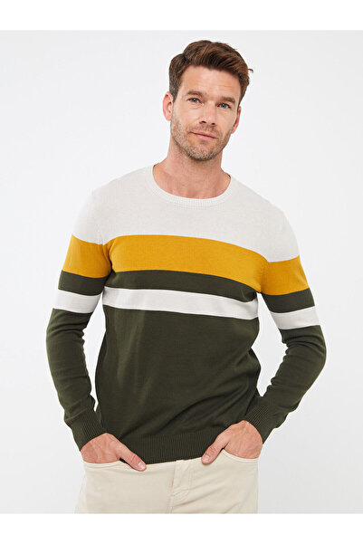 LC Waikiki Khaki Crew Neck Long Sleeve Color Block Men's Knitwear Sweater