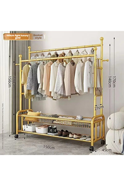 POWER رف ملابس دوار متحرك بقاعدة على شكل حرف U مزدوج القضيب مع سلال تخزين مزدوجة (150 سم)