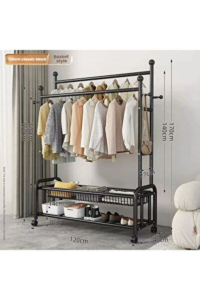 POWER رف ملابس دوار متحرك بقاعدة على شكل حرف U مزدوج القضيب مع سلال تخزين مزدوجة (120 سم)
