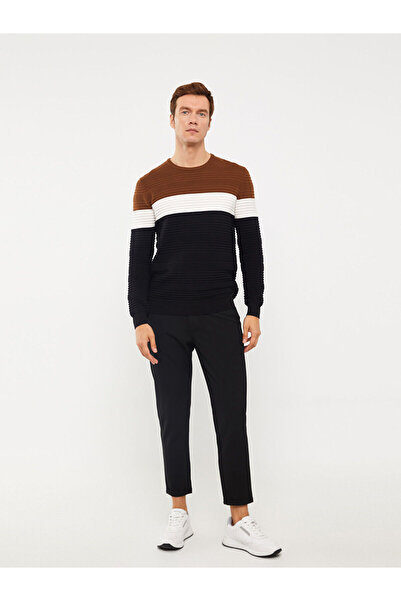 LC Waikiki Beige Crew Neck Long Sleeve Color Block Men's Knitwear Sweater