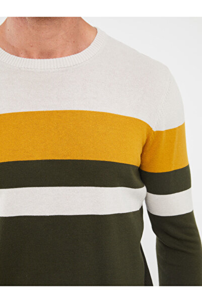 LC Waikiki Khaki Crew Neck Long Sleeve Color Block Men's Knitwear Sweater