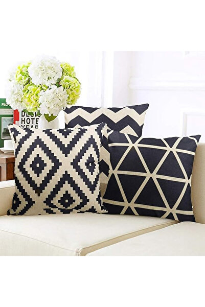 HALAMODO 4PCS Stylish Geometric Patterned Cotton Sofa Pillows in Black and Beige Color - 27 x 25.8 x 4.7 cm