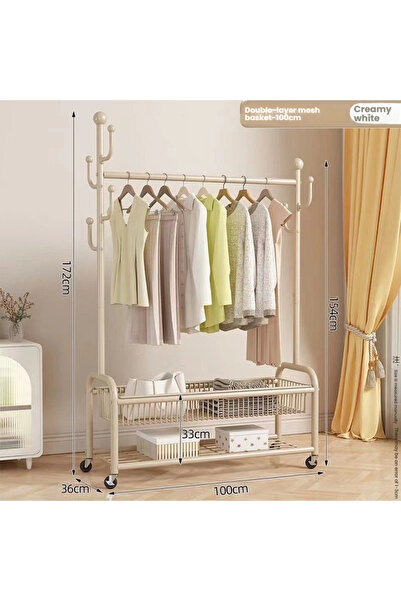 POWER رف ملابس دوار متحرك بقاعدة على شكل حرف U مزدوج القضيب مع سلال تخزين مزدوجة (100 سم)