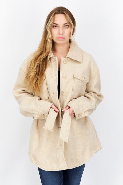 NA-KD Women Spread Collar Long Sleeve Belted Jacket, Beige