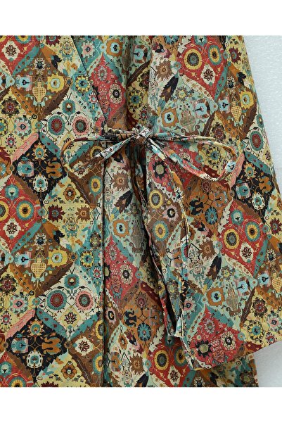 Modamorfo Patterned Lined Quilted Kimono with Tie-Waist Pockets - Beige