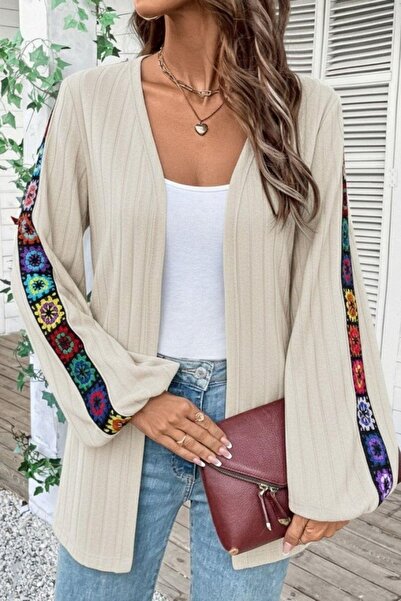 Mossta Μπροστινό ανοιχτό πλεκτό μπουφάν με λεπτομέρεια επένδυση fleece πλέξη ριμπ - Μπεζ