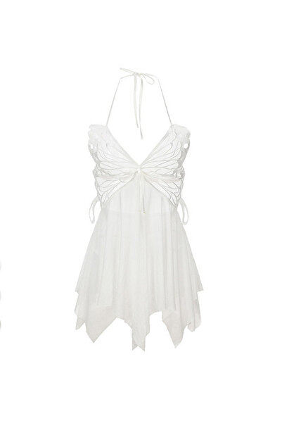 JInsh Butterfly Shape Bow Halter Lacing Sexy Women Nightwear Backless Pure Lady Perspective Dress