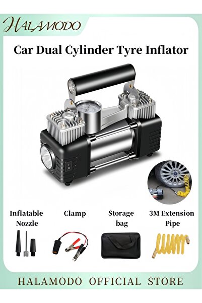 HALAMODO Tire Inflator with Gauge Portable Air Compressor 12V DC Double Cylinders Air Compressor Pump Heavy D