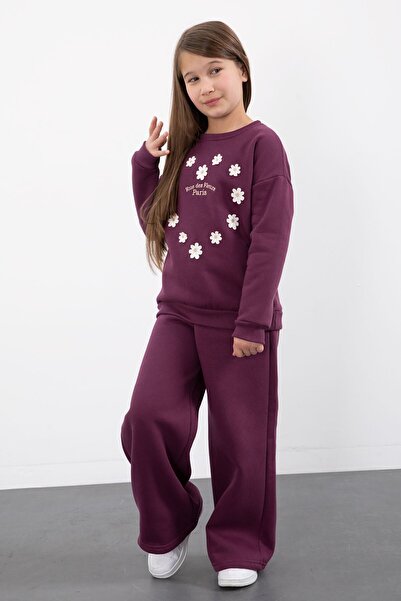 Cansın Mini Purple Floral Embroidered Fleece-Lined Girls Wide Leg Tracksuit Set 23347