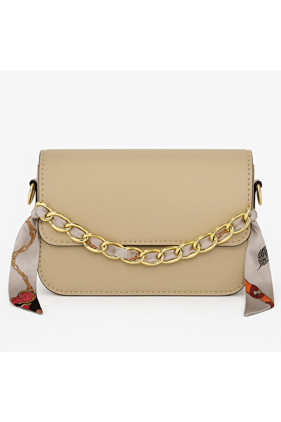 Global Gold Zincirli Fular Detaylı Bej Omuz Çantası
