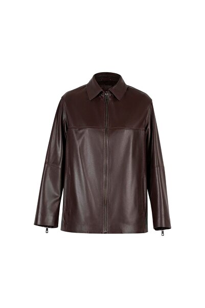 Desa Women's Brown Shirt Collar Leather Jacket