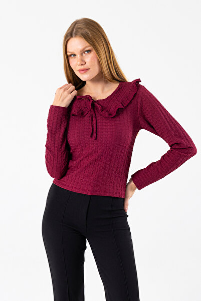 GİYSA Women's Collared Blouse with Tie Detail and Textured Fabric Burgundy - 26116