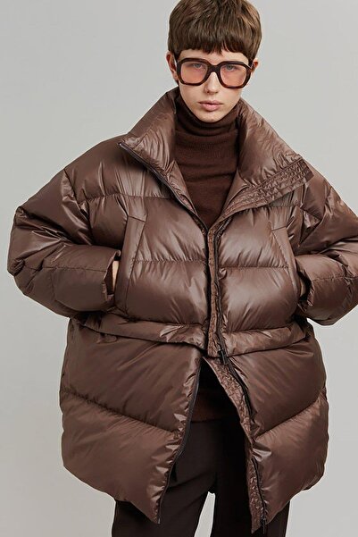 Madmext Brown Oversized Double Zipper Shortenable Women's Coat Mg2606