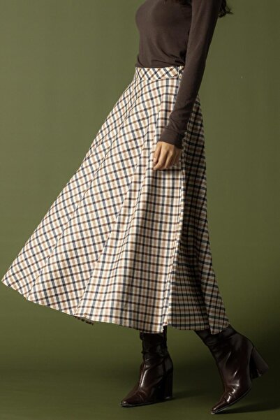 Olcay Plaid Patterned Flared Skirt Beige 7066