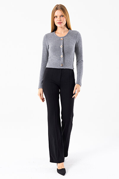 GİYSA Women's Crew Neck Sequin Button Detailed Blouse Gray - 2630