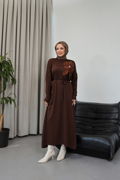 NEW DAĞ Floral Detailed Belted Knit Dress