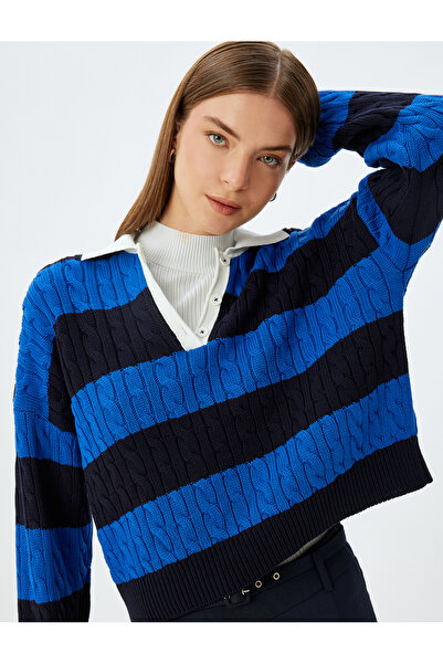 Koton Polo-Yaka-Triko-Pullover, Haarstruktur, strukturiert, geknöpft, Farbkon...