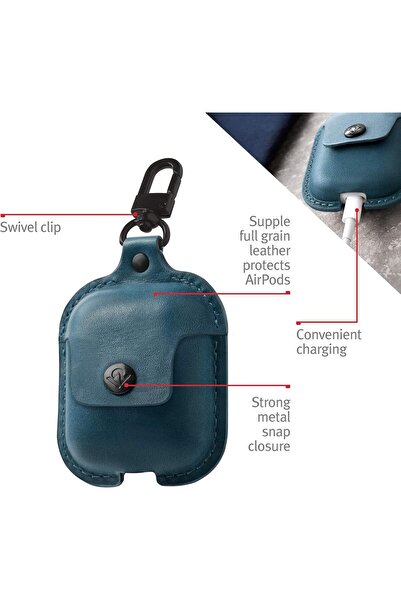 Twelve South AirSnap Leather Protective Case with Loss Prevention Clip for AirPods, Deep Teal