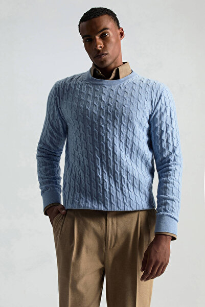 Hemington Lambswool Yün Saç Örgü Desenli Bisiklet Yaka Buz Mavisi Kazak