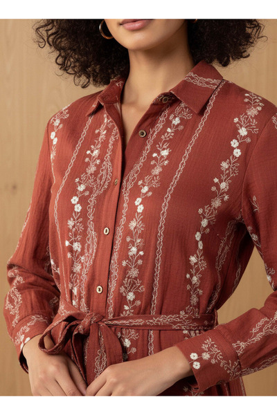 FAV Knee Length Shirt Belted Dress with Floral Embroidery