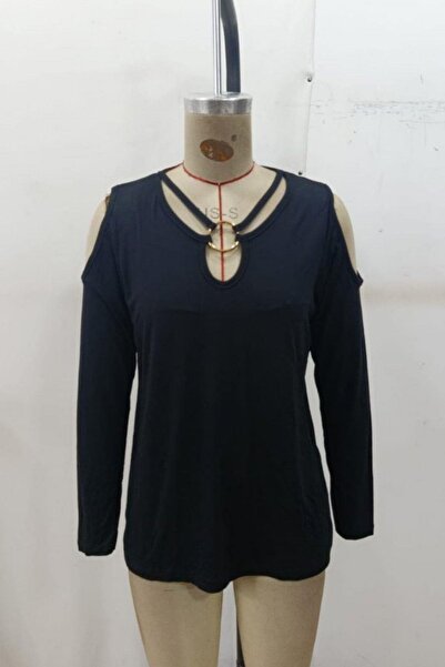 Mossta Viscose Blouse with Open Shoulder Ring Detail - Black